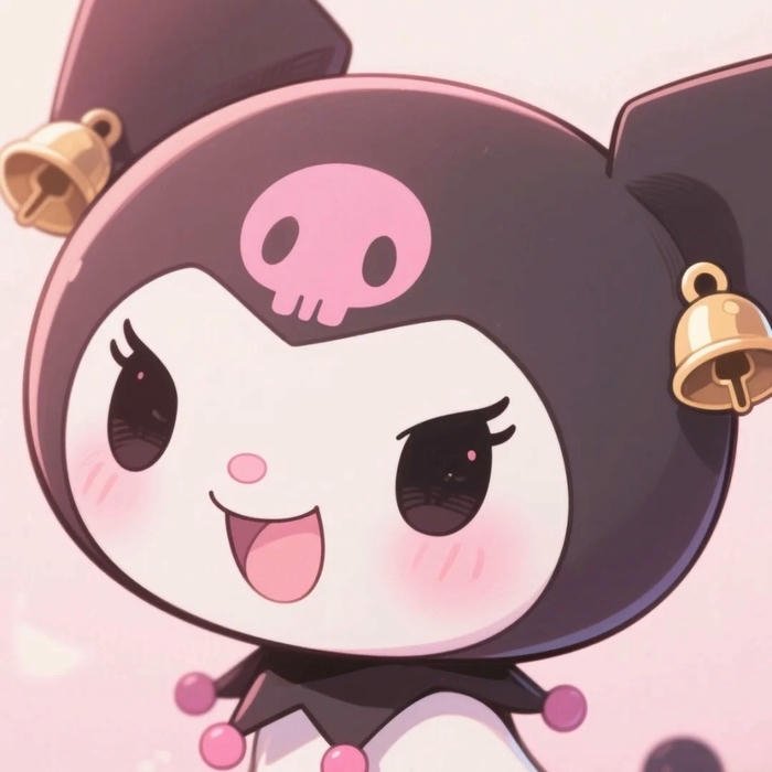 Ảnh kuromi cute đeo chuông vàng cười tươi nền hồng