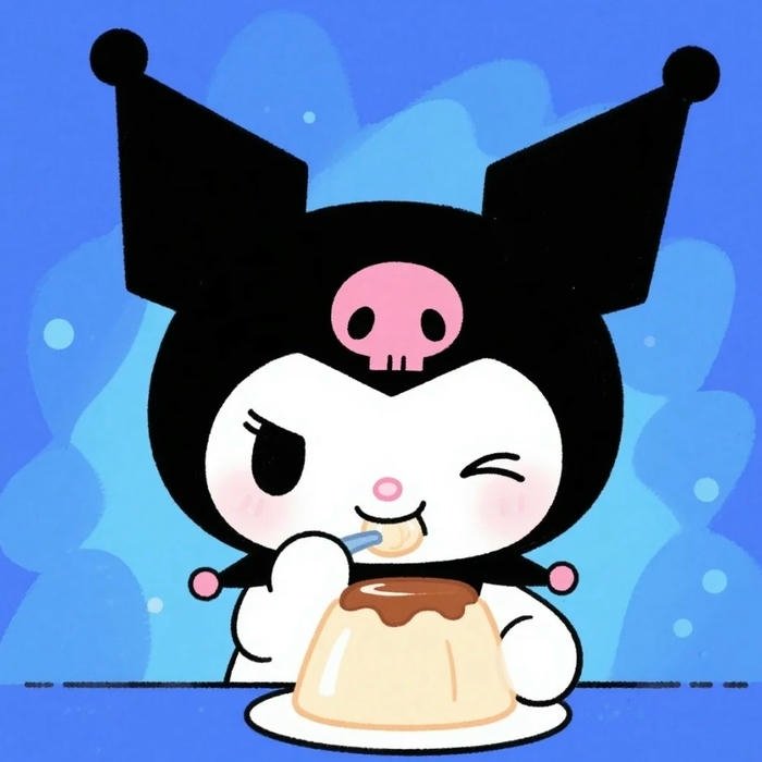 Ảnh kuromi cute thưởng thức món tráng miệng nền xanh