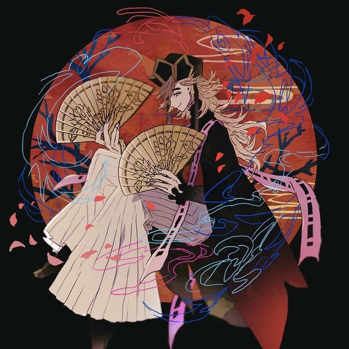 Ảnh nghệ thuật Douma cầm quạt trên nền đen tối