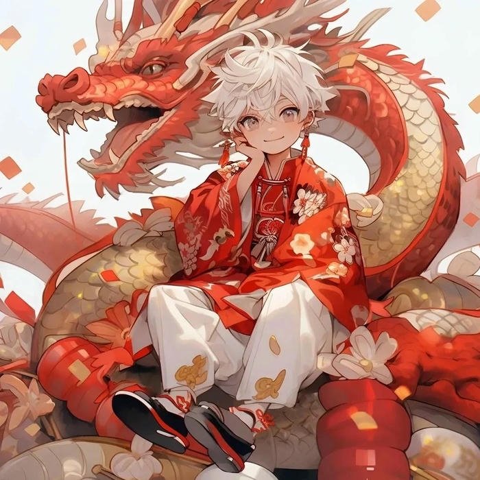 Anime rồng đỏ quấn quanh chàng trai mặc đồ tết