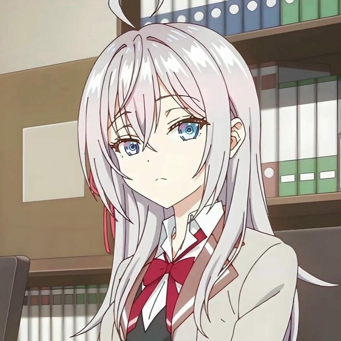 Arya anime girl đứng trong thư viện với vẻ đẹp tri thức