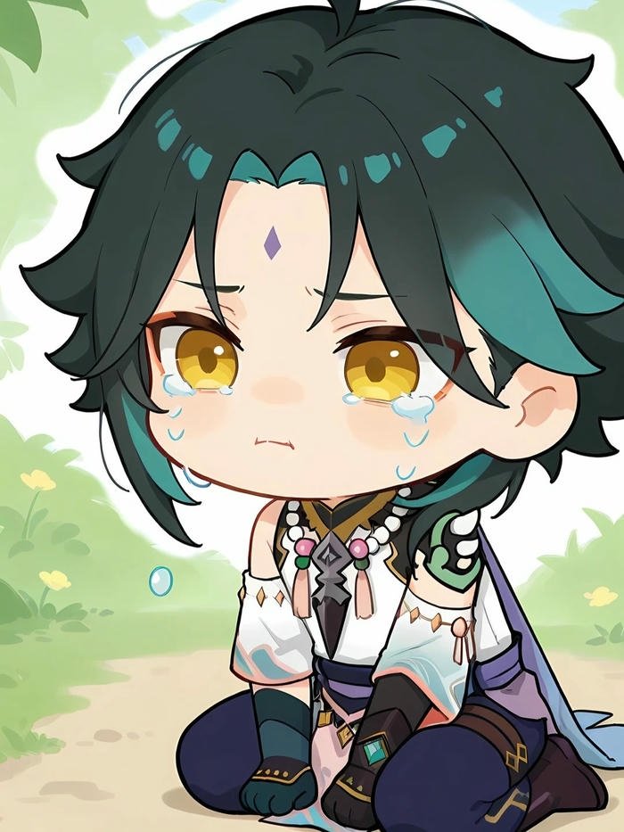 Avatar chibi buồn bé trai tóc xanh lá ngồi sầu