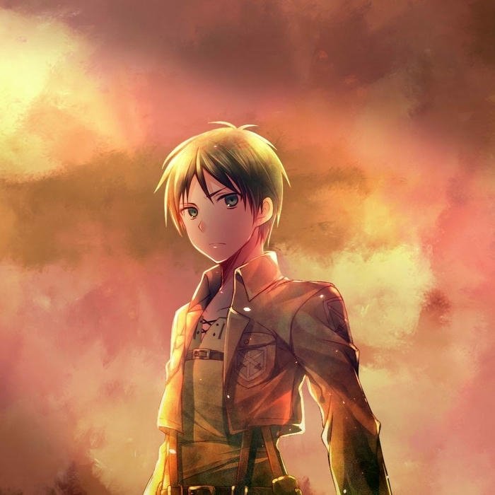 Avatar eren đứng giữa biển lửa hoàng hôn đỏ