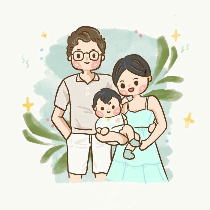 Avatar gia đình chibi tông màu xanh ngọc bích nhẹ nhàng