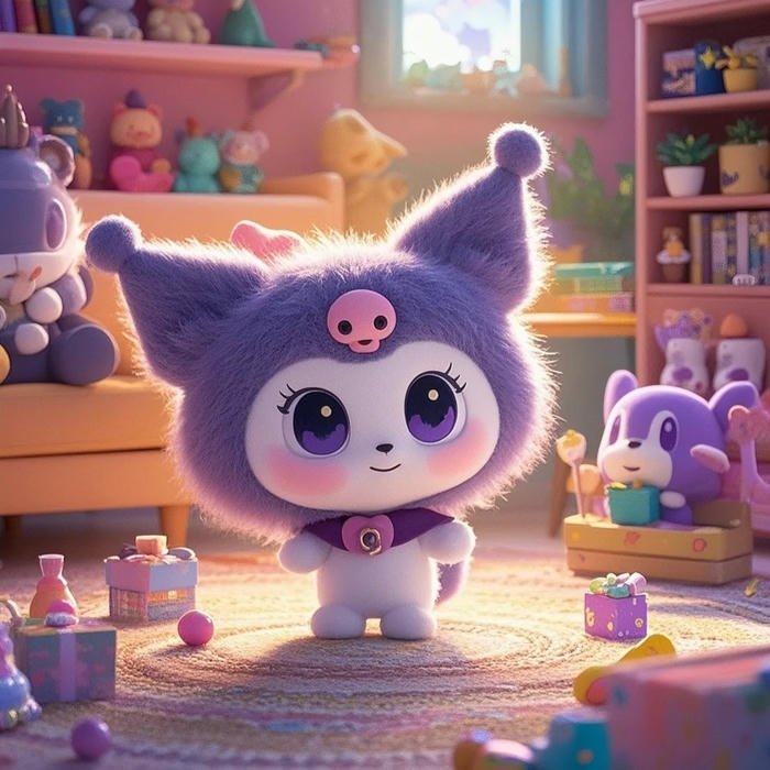 Avatar kuromi 3D đứng trong phòng ánh sáng ấm áp