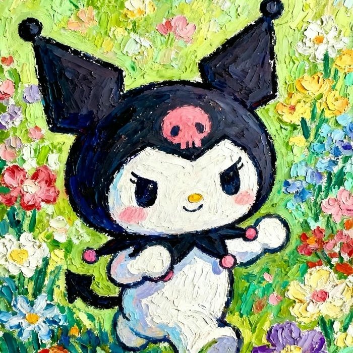 Avatar kuromi đứng giữa vườn hoa xanh mát mắt đẹp