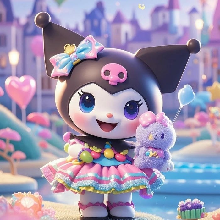 Avatar kuromi mặc váy xòe đứng cạnh hồ bơi xanh