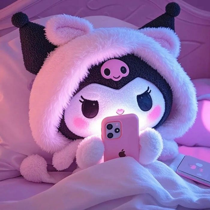 Avatar kuromi trùm chăn xem điện thoại trong phòng ngủ
