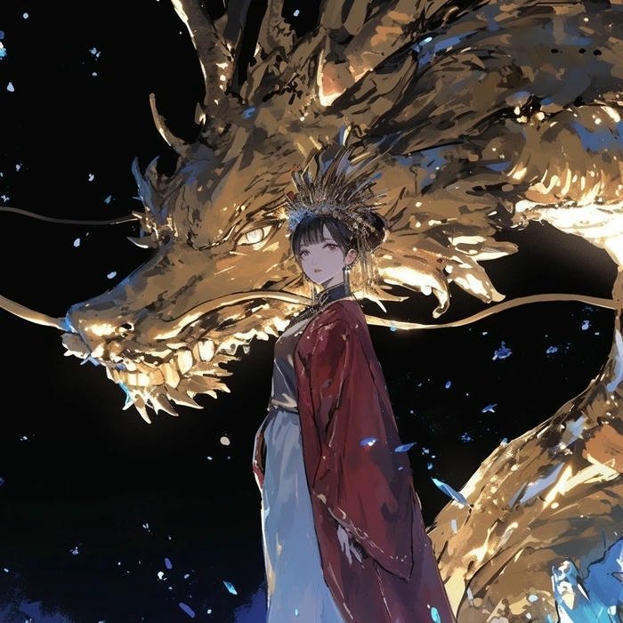 Avatar rồng vàng khổng lồ bên cạnh chàng trai áo đỏ