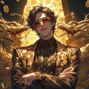 Avatar rồng vàng sau lưng chàng trai mặc vest sang trọng