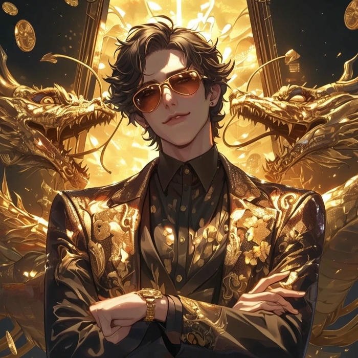 Avatar rồng vàng sau lưng chàng trai mặc vest sang trọng