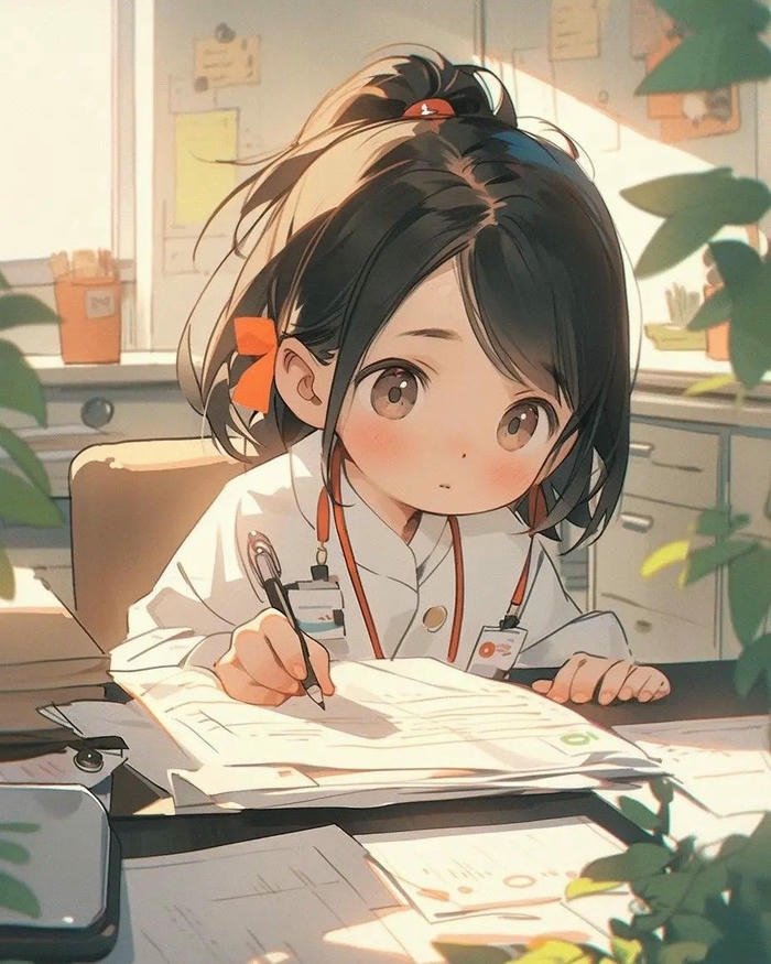Bác sĩ chibi cute cặm cụi ghi chép hồ sơ bệnh án