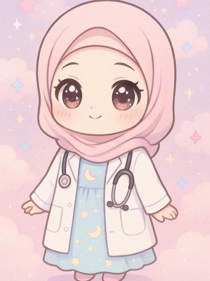 Bác sĩ chibi cute đeo khăn trùm đầu màu hồng phấn nhạt
