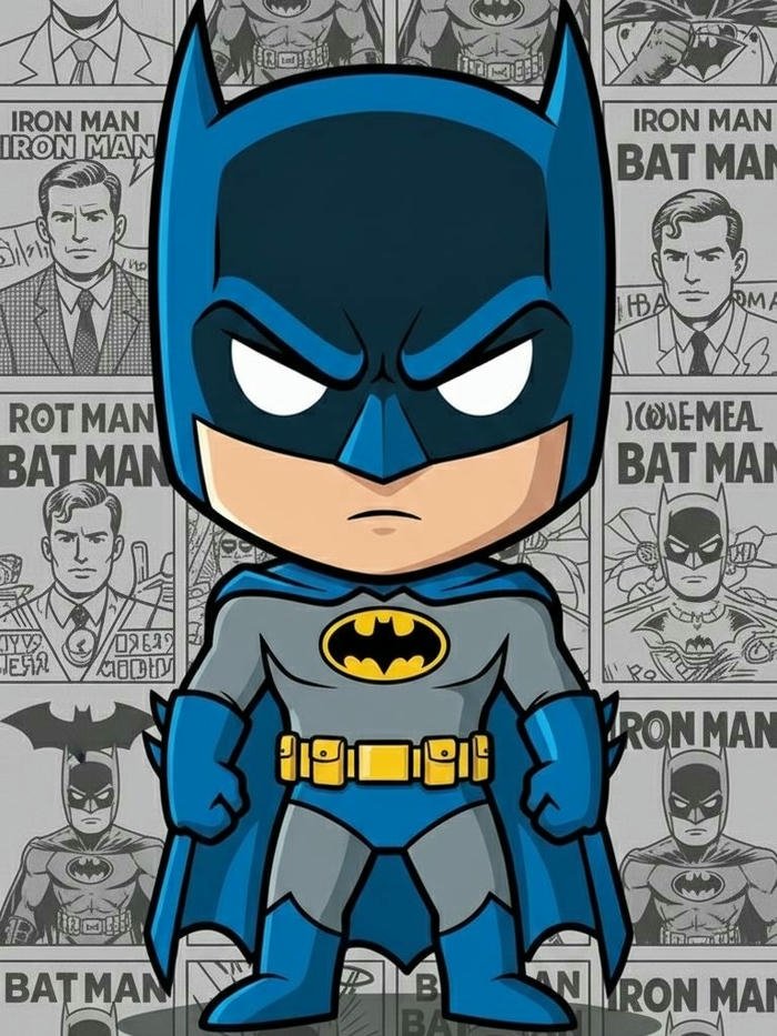 Batman chibi cute đứng trên nền truyện tranh độc đáo