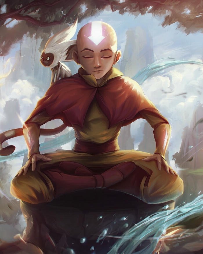 Bức tranh aang avatar ngồi thiền định giữa không gian mờ ảo