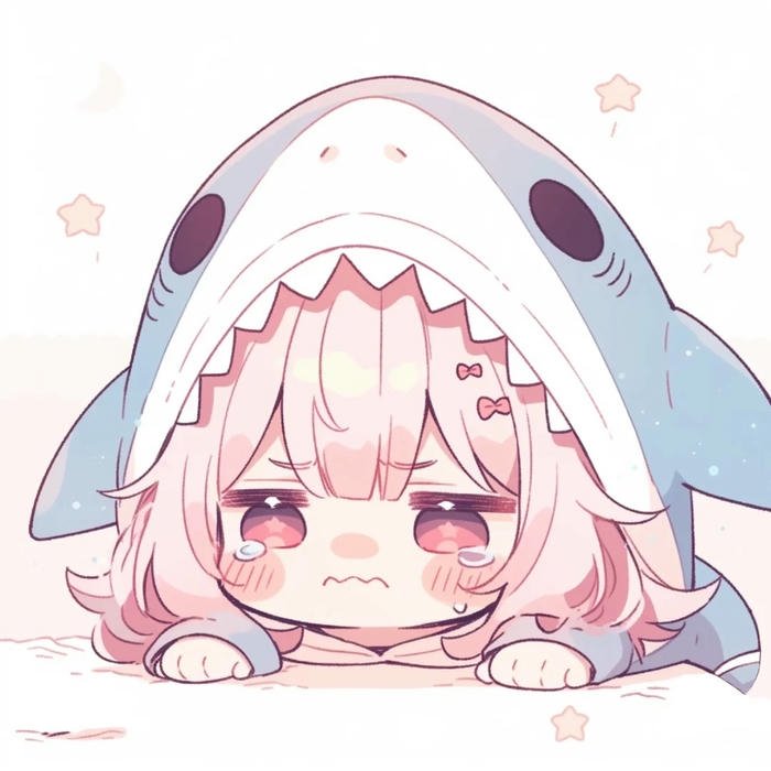 Chibi khóc cute bé gái đội mũ cá mập hồng