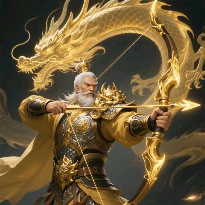 Chiến binh cung thủ giáp vàng bên rồng thần thánh