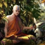 Chú tiểu aang avatar ngồi thiền tĩnh lặng trong rừng sâu thẳm