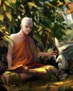 Chú tiểu aang avatar ngồi thiền tĩnh lặng trong rừng sâu thẳm