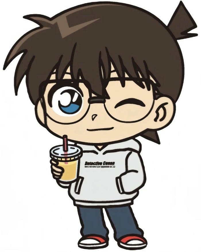 Conan chibi cute uống trà sữa nháy mắt vui vẻ