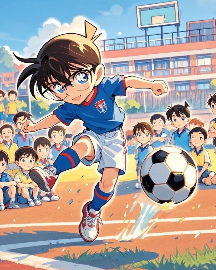 Conan chibi ngầu sút bóng mạnh mẽ trên sân đấu
