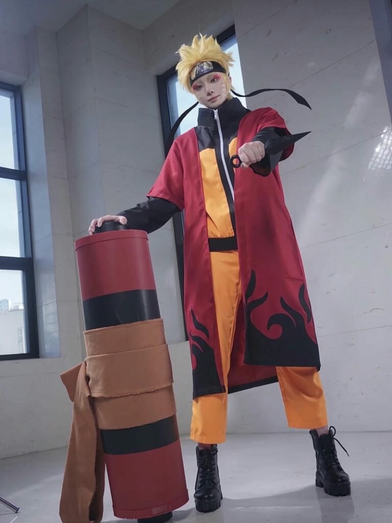 Cosplay Naruto đứng cầm cuộn giấy phép thuật lớn