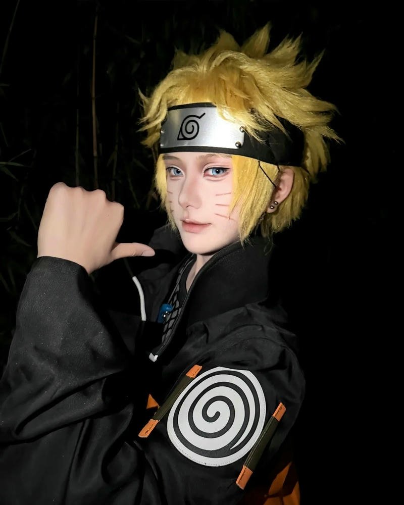 Cosplay Naruto đứng tay đặt lên băng trán