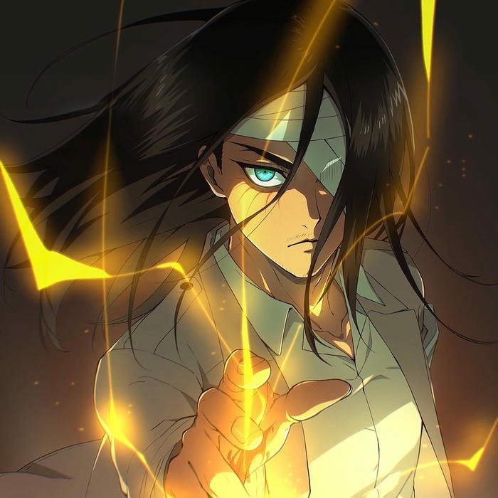 Eren yeager biến hình tia sét vàng bao quanh