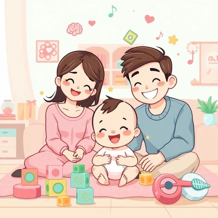 Gia đình chibi hạnh phúc chơi đồ chơi trên sàn nhà