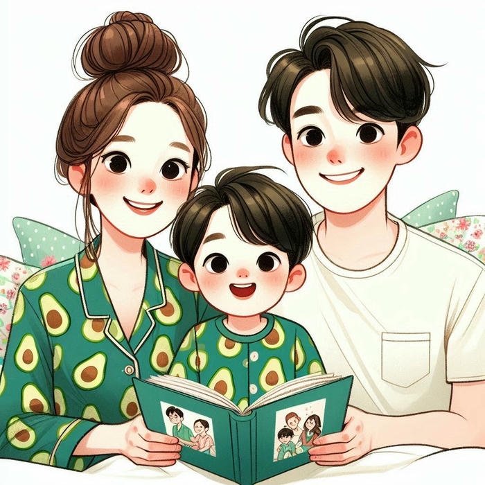 Gia đình chibi hạnh phúc đọc sách bìa xanh lá cây