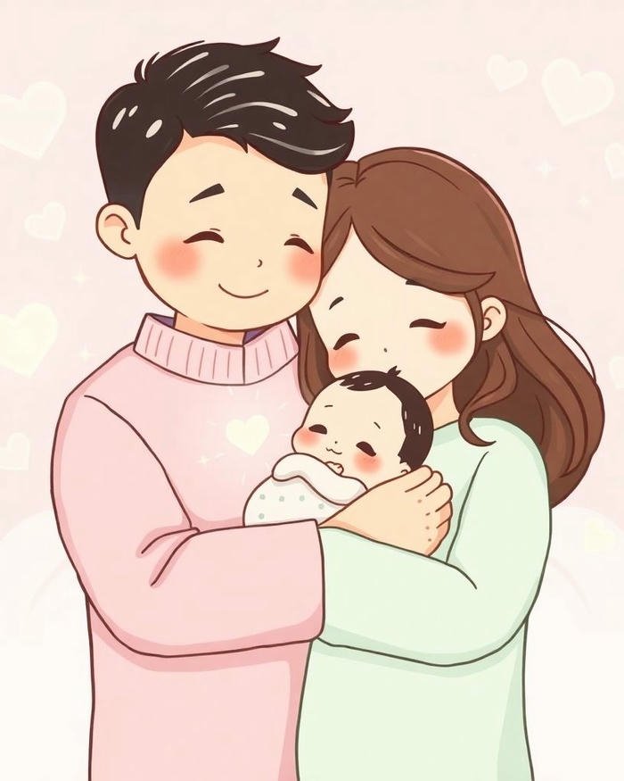 Gia đình chibi hạnh phúc ôm em bé sơ sinh nhỏ