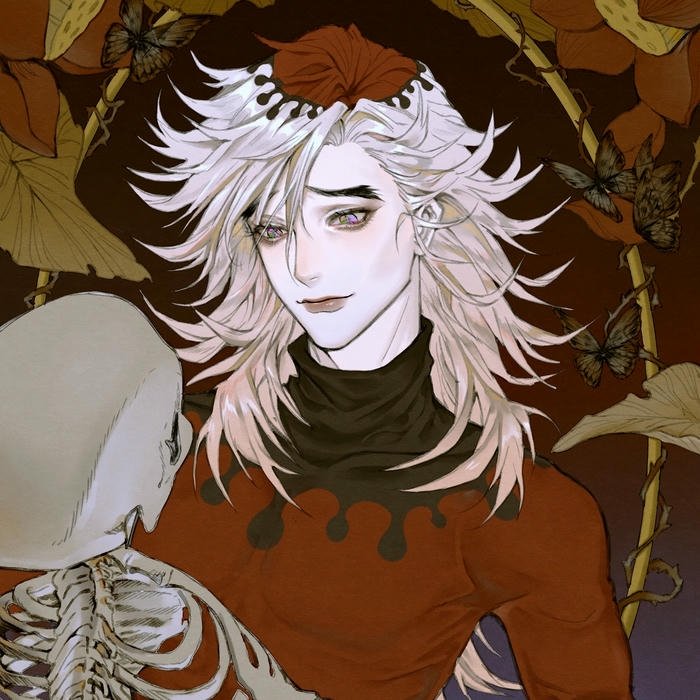 Hình Douma anime ôm đầu lâu giữa nền đỏ rực