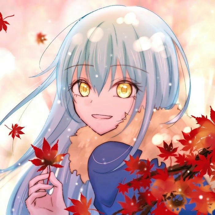 Hình Rimuru anime đứng giữa lá phong đỏ mùa thu