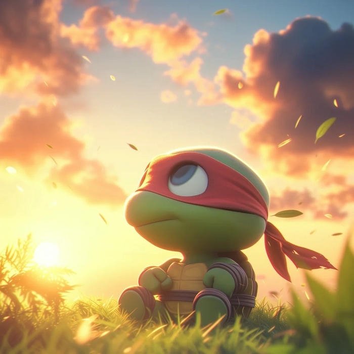 Hình ảnh Ninja Rùa đứng dưới ánh hoàng hôn đỏ