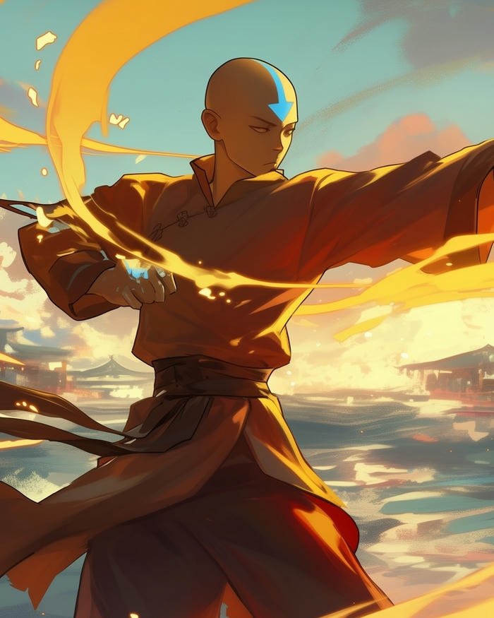 Hình ảnh aang avatar múa võ điêu luyện dưới ánh hoàng hôn