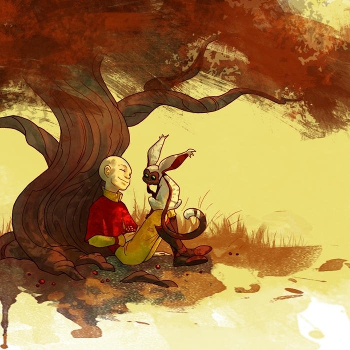 Hình ảnh aang avatar ngồi thiền dưới gốc cây cổ thụ yên bình