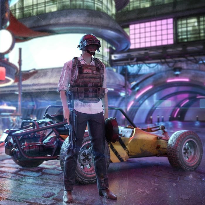 Hình ảnh avatar PUBG nhân vật đứng cạnh xe đua tím