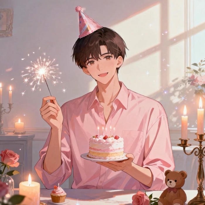 Hình ảnh avatar sinh nhật chàng trai áo hồng cầm bánh