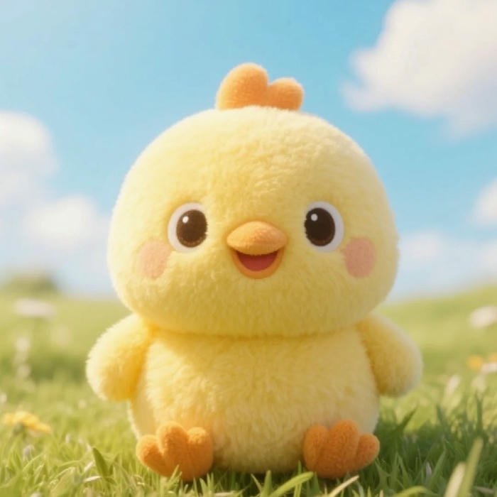 Hình ảnh gà cute 3D đứng giữa đồng cỏ xanh