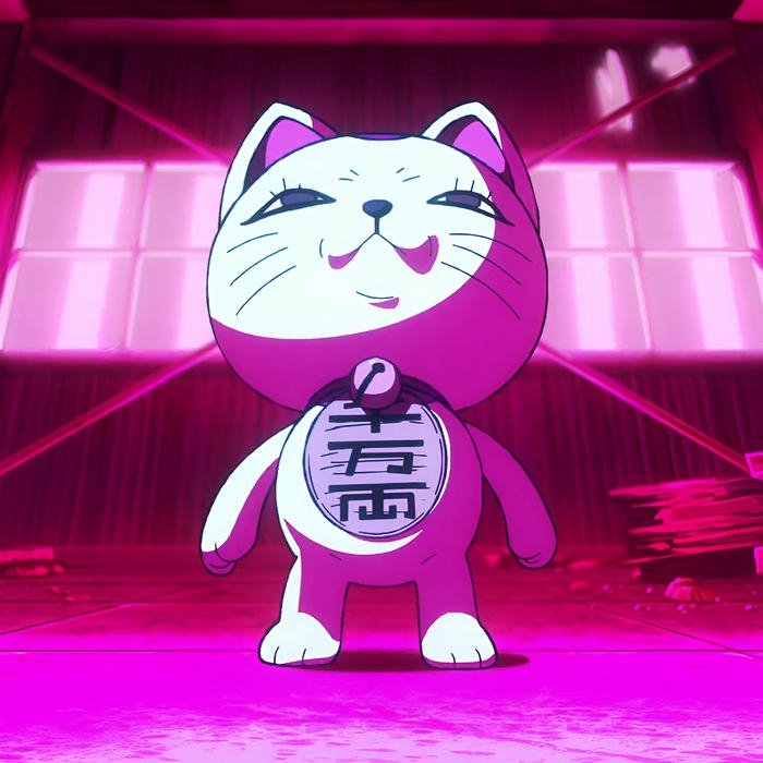 Hình ảnh nền Dandadan linh hồn mèo hồng đứng giữa sân khấu