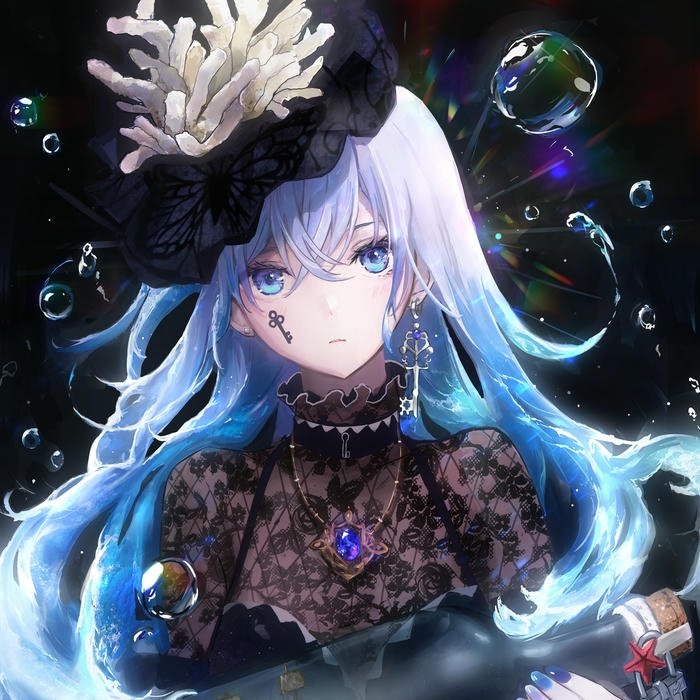 Hình ảnh nền xanh dương anime cô gái mặc váy đen lấp lánh