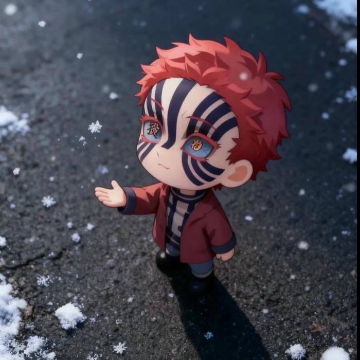Hình avatar Akaza chibi đáng yêu đứng trên tuyết trắng