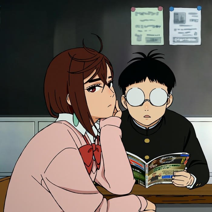 Hình avatar Dandadan Momo và Okarun ngồi học cùng nhau