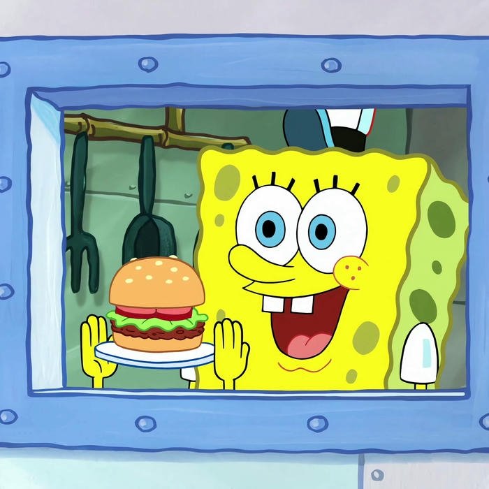 Hình avatar bọt biển cầm burger trong khung cửa xanh dương