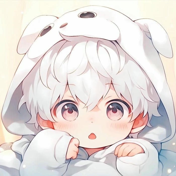Hình avatar dễ thương chibi bé trai tóc trắng đội mũ gấu