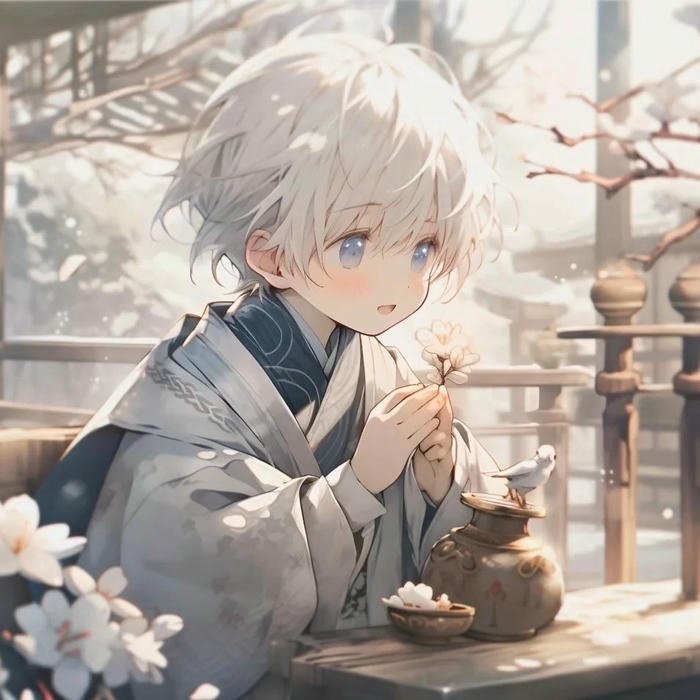 Hình avatar dễ thương chibi bé trai tóc trắng mặc kimono