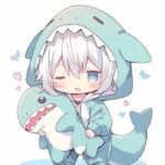 Hình avatar dễ thương chibi bé trai tóc trắng ôm cá mập