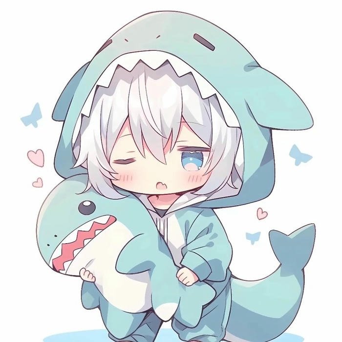 Hình avatar dễ thương chibi bé trai tóc trắng ôm cá mập