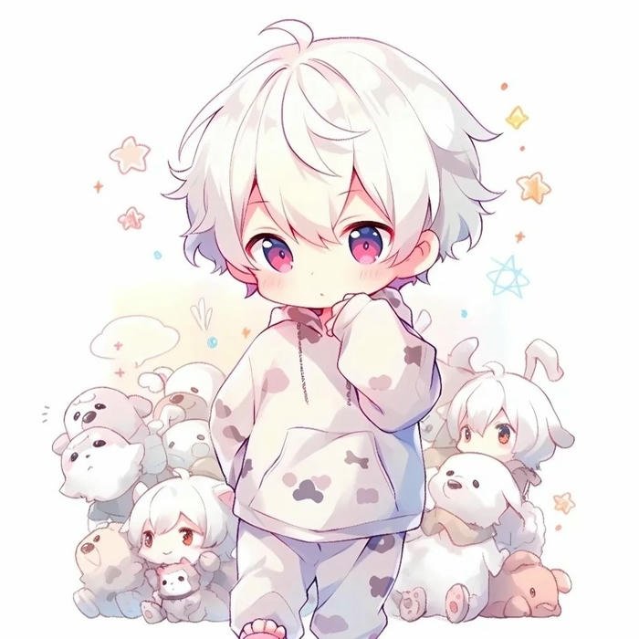 Hình avatar dễ thương chibi bé trai tóc trắng và đàn cừu