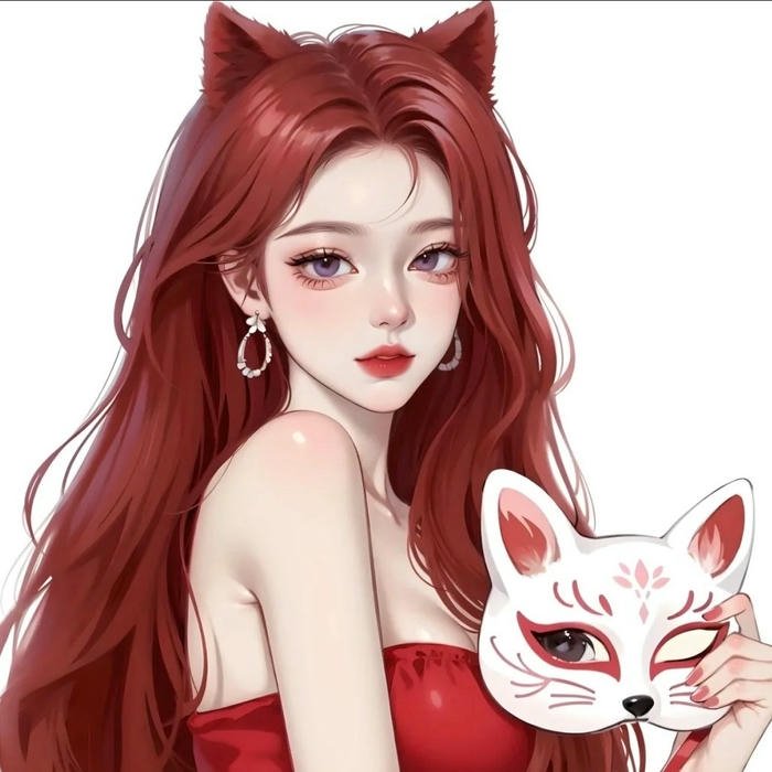 Hình avatar gái xinh tai mèo vẽ tóc đỏ ôm mặt nạ